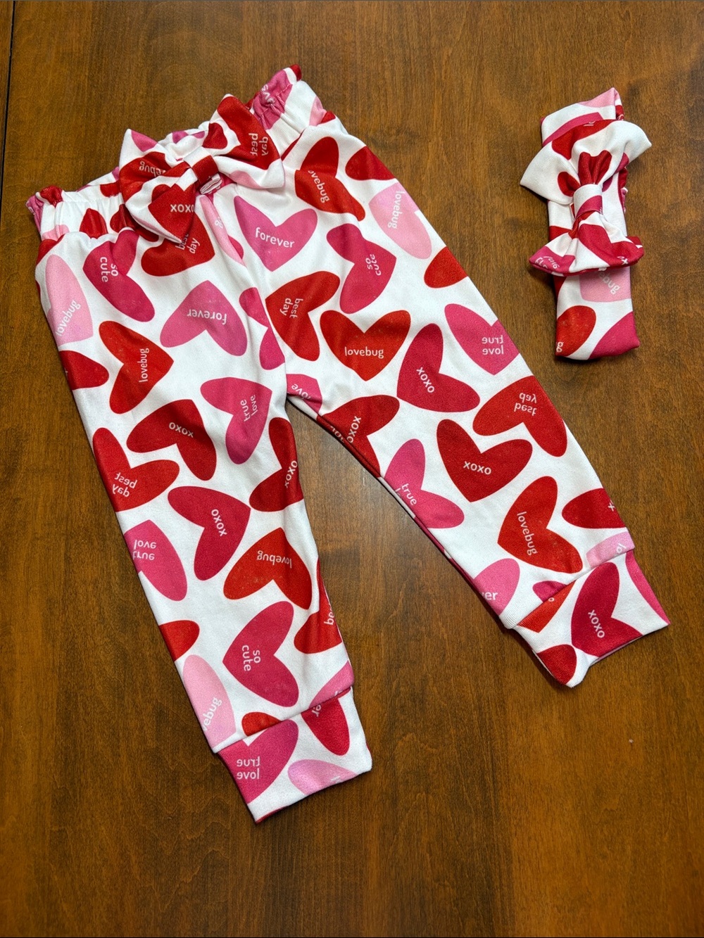 Baby Girls Heart Print Microfleece Pants and Headband Set - Red & Pink Hearts
